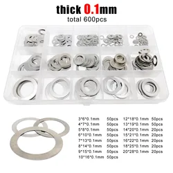 600pcs M3 M4 M5 M6 M8 M10 M12 M16 M20 304 Stainless Steel Ultra Thin Flat Washer Adjusting Shim Plain Gasket Assortment Kit Set