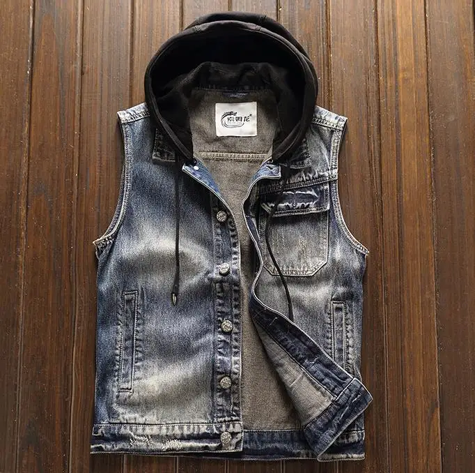 Hooded Men Jean Denim Sleeveless Jacket Coat Autumn Biker Outwear Japan Style Vintage Casual Slim Vest High Quality