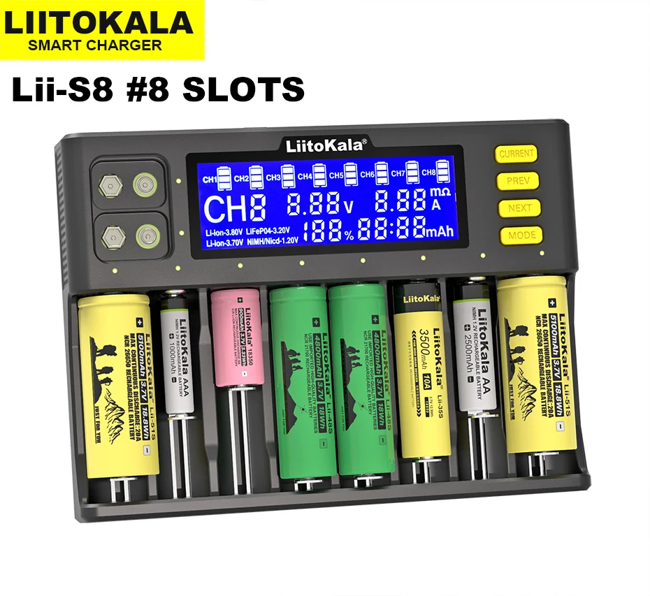 LiitoKala Lii-S8 Battery Charger  Li-ion 3.7V  NiMH 1.2V Li-FePO4 3.2V IMR 3.8V charger  for 18650 26650 21700 26700 AA AAA