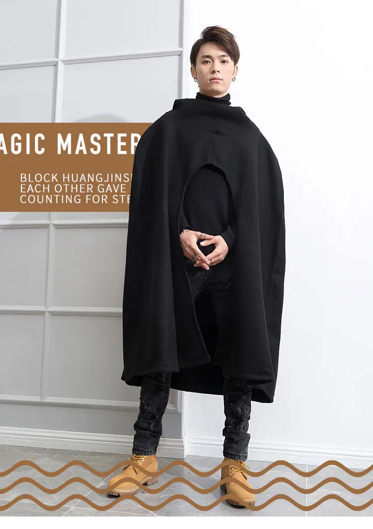 Super Long one-piece hat loose two-piece cloak cloak cloak cloak coat men's autumn and winter coat show long sit-through jacket