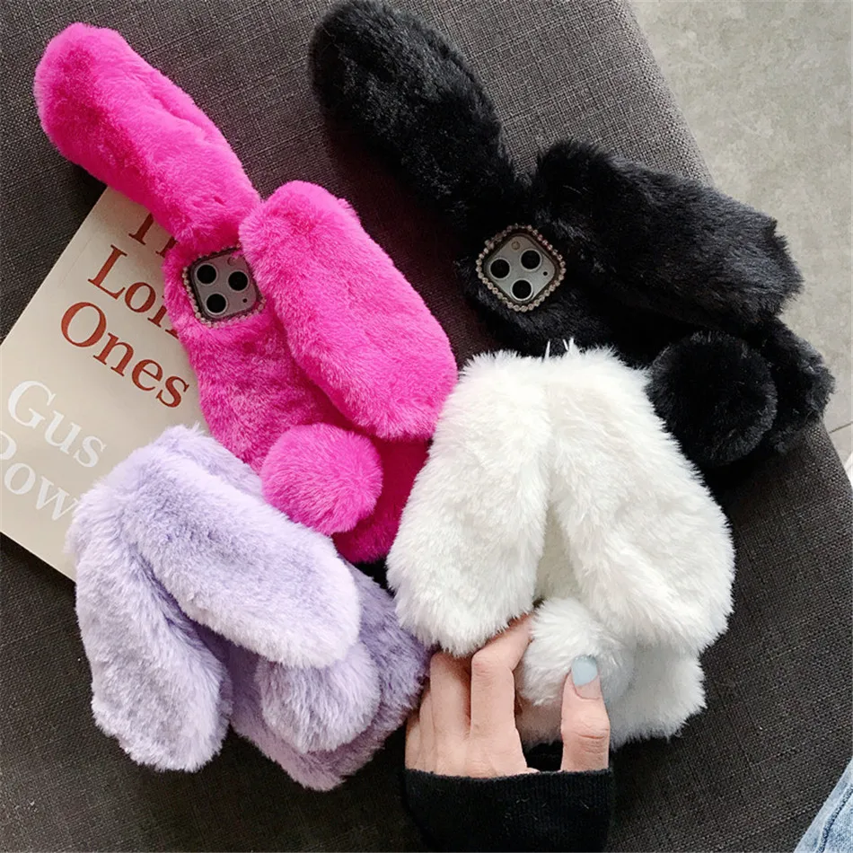 For iPhone 14 13 12 11 Pro XS Max X XR 12Mini Rabbit Ears Furry fluffy Fur Plush Warm Cover for iPhone 6 6S 7 8 Plus Phone Case