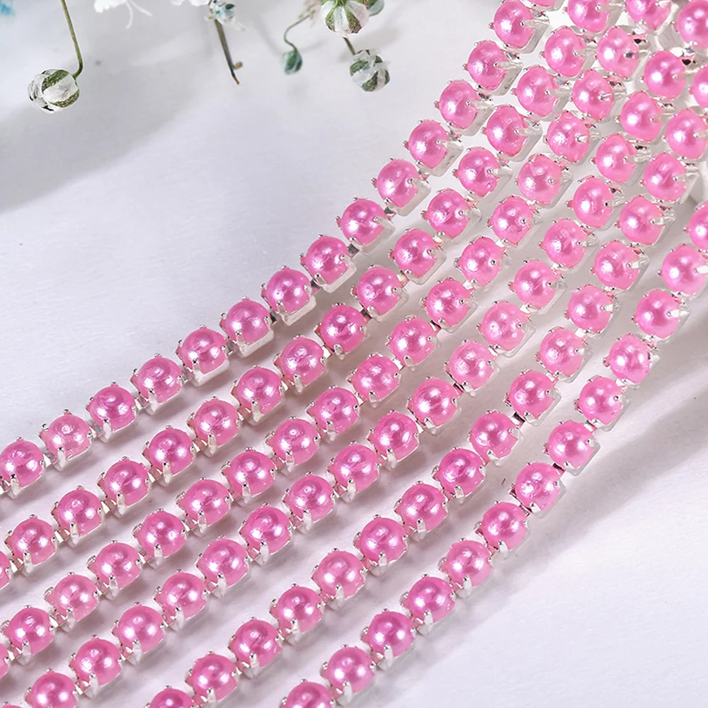 2mm 1M Colored Pearls High Density Pink Sew On Rhinestones Cup Chain Rhinestones Trim Silver Claw For Clothes Summer decoration