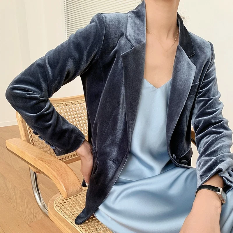 Autumn 2022 Womens New Elegant Slim Vintage Suit Jackets Office Lady Pockets Single Button Notched Korean Style Fashion Coat