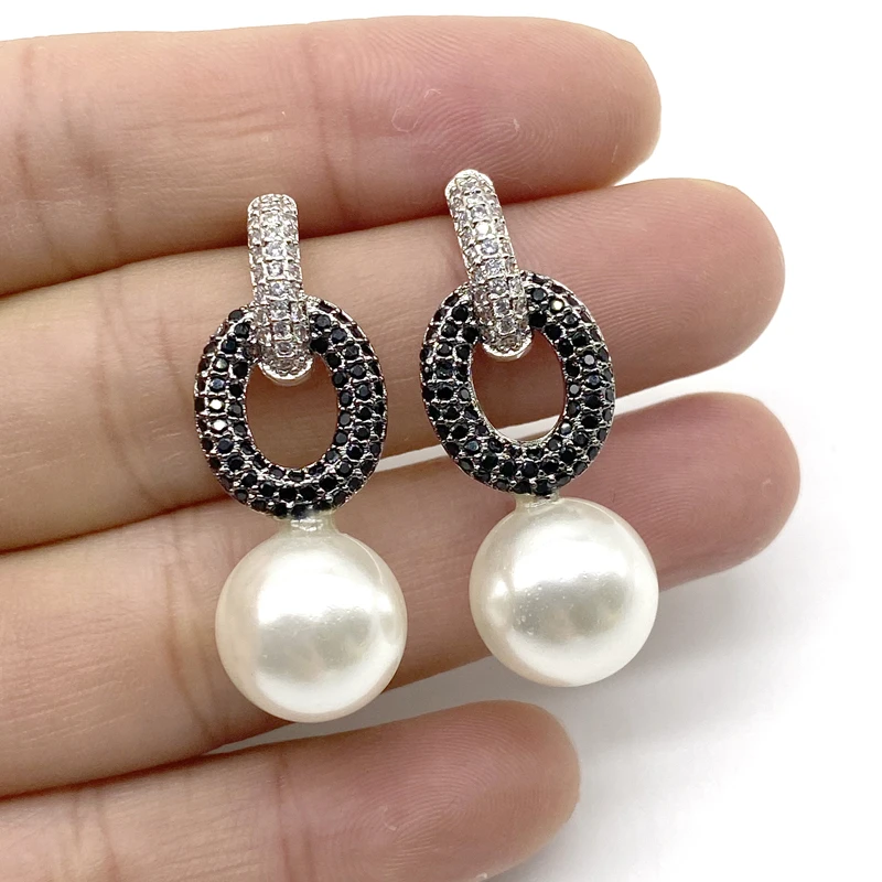 5Pairs/lot Custom Brass Fashion jewellery CZ Paved Pearl Drop Earrings For Ladies