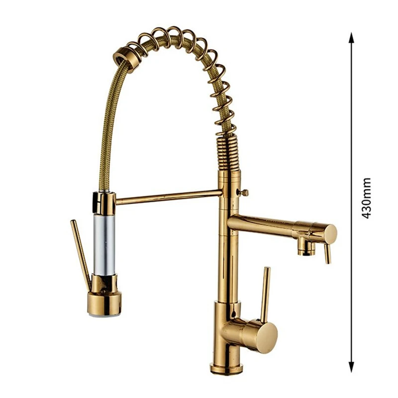 Kitchen Faucet Gold/Black/Chrome Soild Brass Hot & Cold Sink Mixer Tap Double Handle Rotating Pull-Down Spring Type Copper