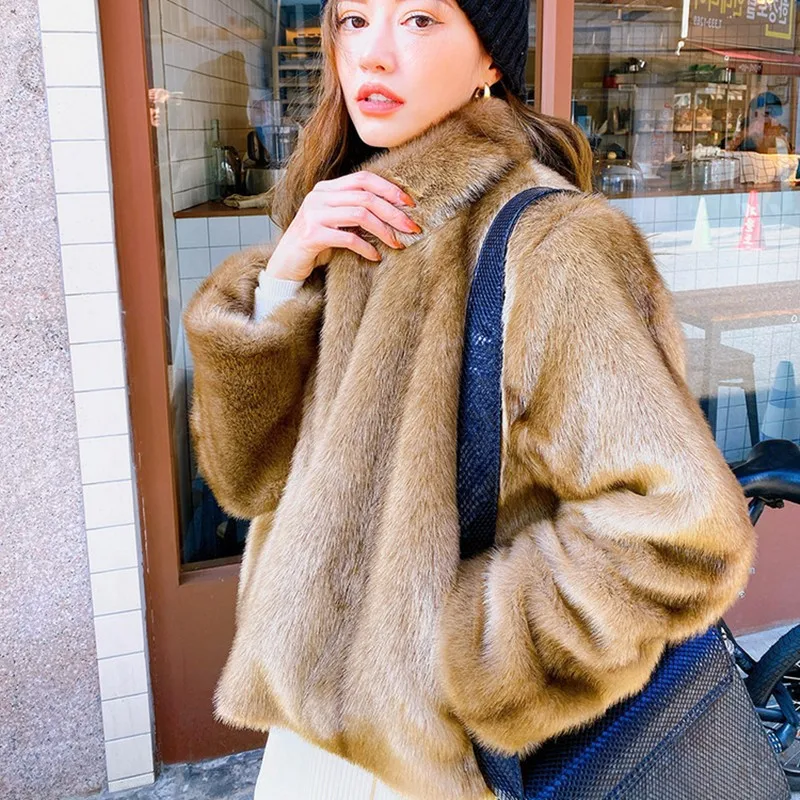 Imitation Fur New Waterproof Mink Brown Short Artificial Fur Top Korean Fashion Young Girls High Quality Fluffy Shaggy Jackets