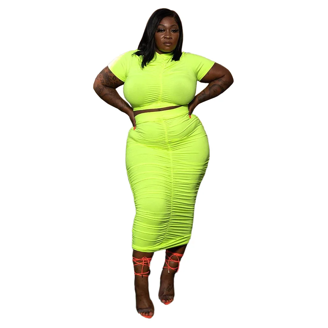 XL-5XL plus size skirt set women summer clothing eleghant solid Folds Elasticity skirt and short sleeve top two piece outfit