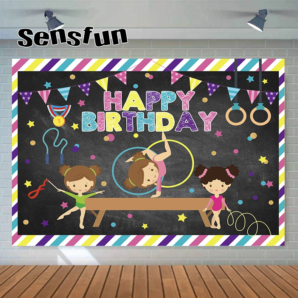 Sensfun preto ginástica tema pano de fundo bunting meninas 1st festa de aniversário fotografia fundo personalizado photo studio