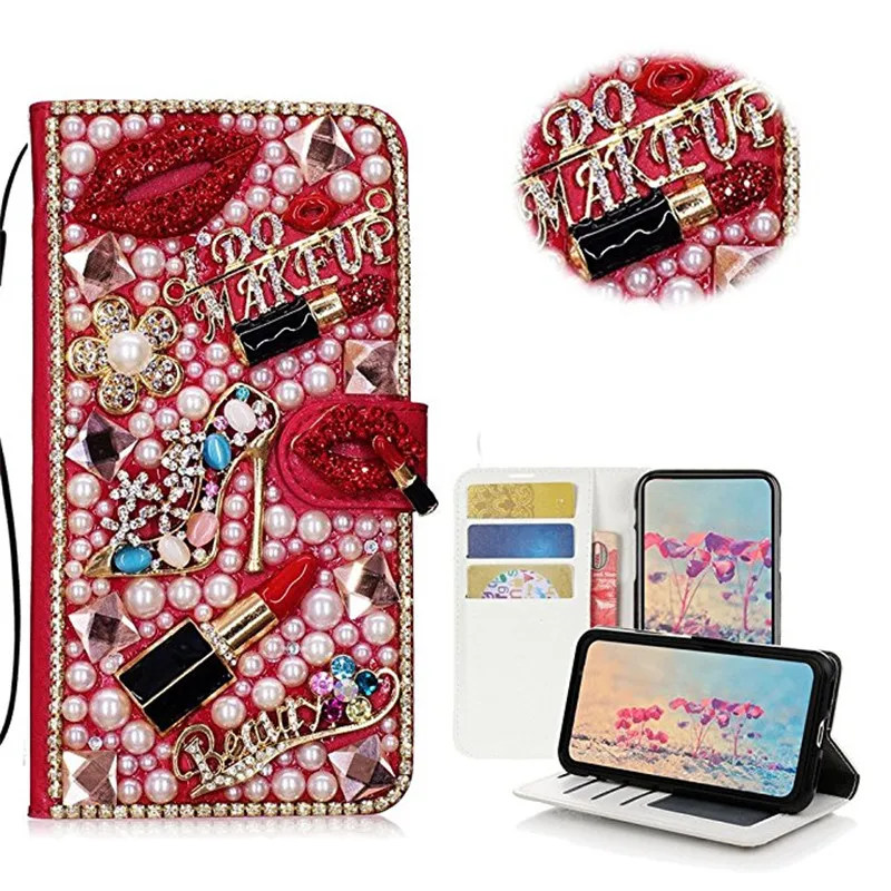 Lipstick Kiss Flower Handbag Diamond Flip Wallet Leather Case Cover For Samsung Galaxy Note 20 10 S23 S22 S21 S20 Ultra S10 Plus