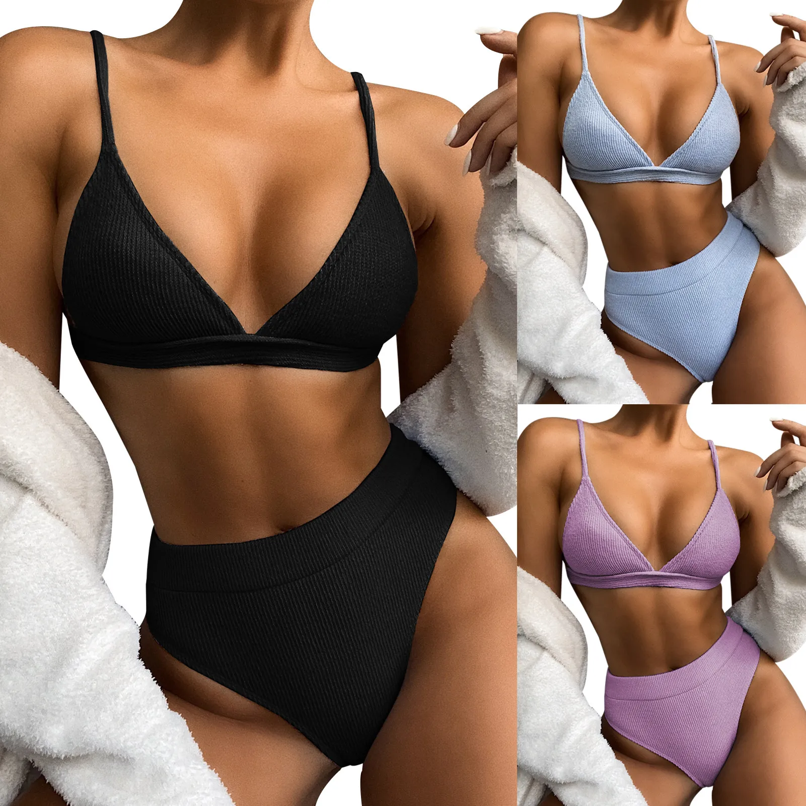 Ladies S/M/L Pure Color High Waist Swimsuit 2PCS Bikini Set Ladies Swimwear High Waist Triangle Women Sexy Swimsuit