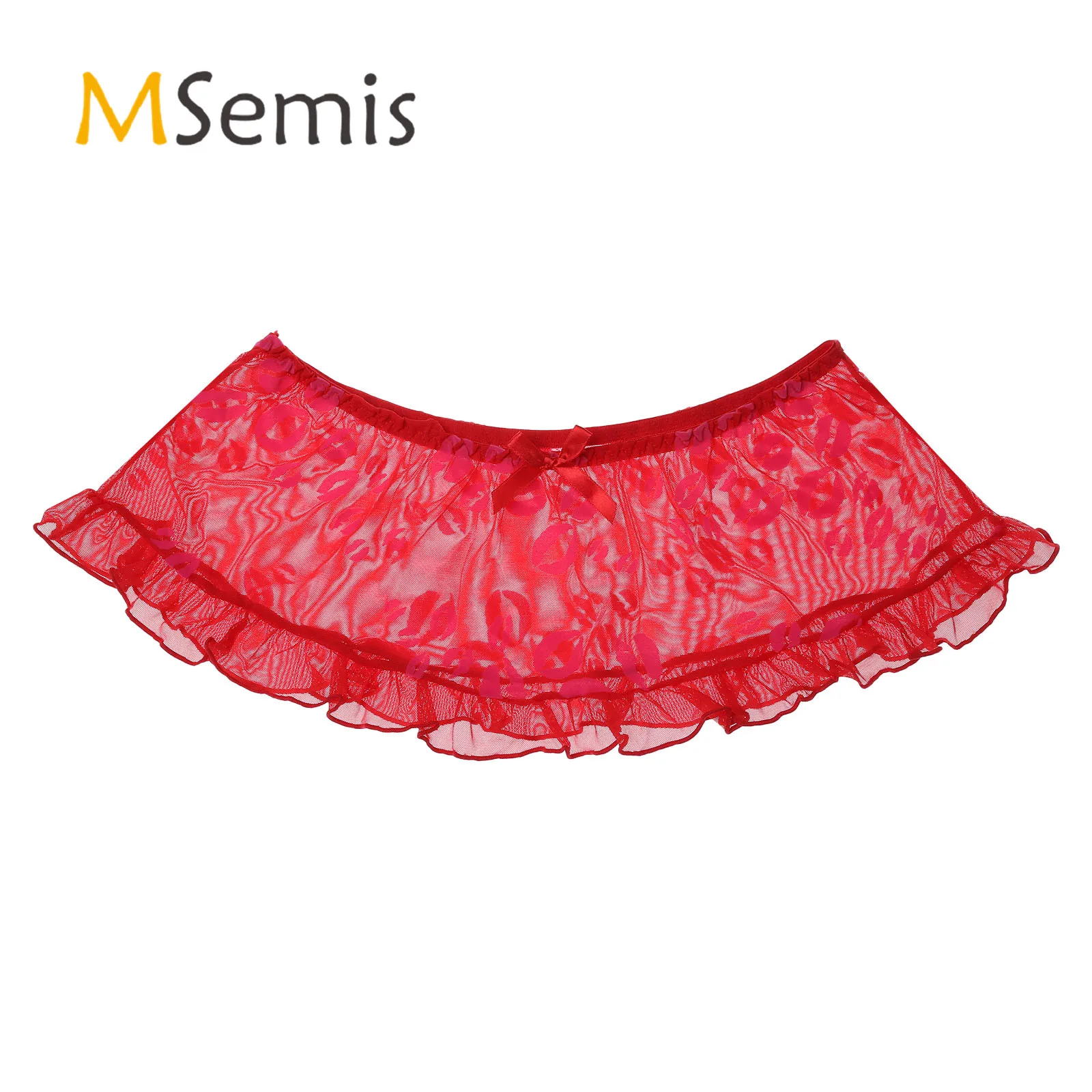 Mens Lingerie Sissy Panties Lip/Dots/Plaid Pattern See-through Mesh Skirt Sissy Underwear Lingerie Nightwear Ruffles Miniskirt