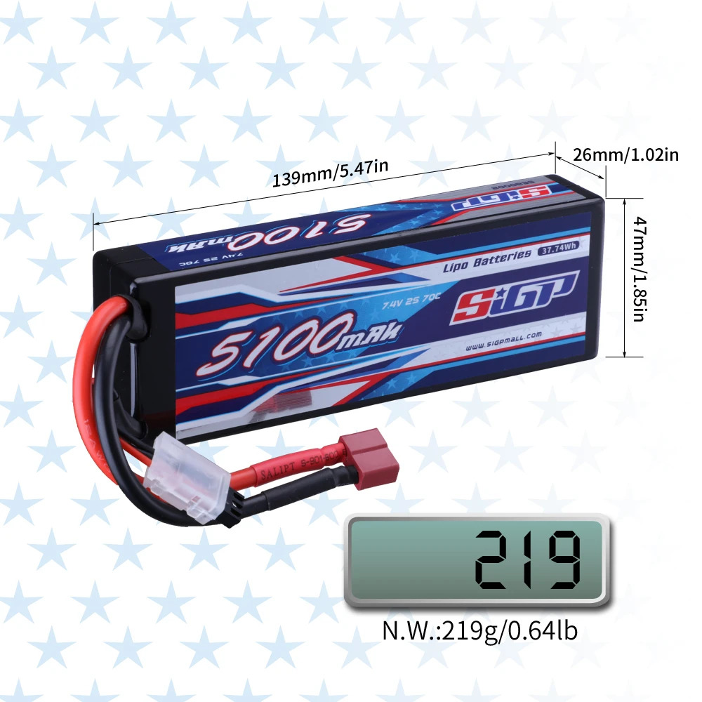 Batería Lipo SIGP 2S 7,4 V 5100mAh 2S1P 70C, carcasa dura con conector Deans T 4mm Bullet XT60 para coche RC, camión, tanque, vehículo, Buggy