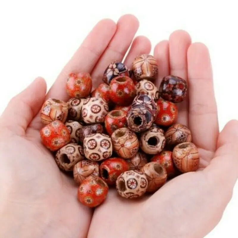 200Pcs Painted Wooden Beads Spacer Round Big Hole Beads for Jewelry Making Fit Charm Bracelet DIY Findings  9x10mm