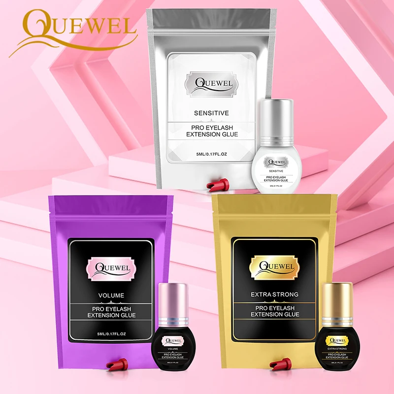 

Quewel 1-2 Second Fast Dry Time Glue 5ml Strong False Eye Lash Extension Glue Adhesive Retention 7-8 weeks Low Smell Lashes Tool