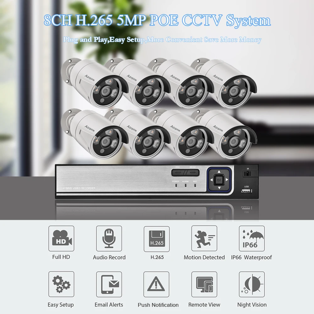 AZISHN H.265+ 8CH 5MP POE Security Camera System Face Detect Outdoor 1/2.8