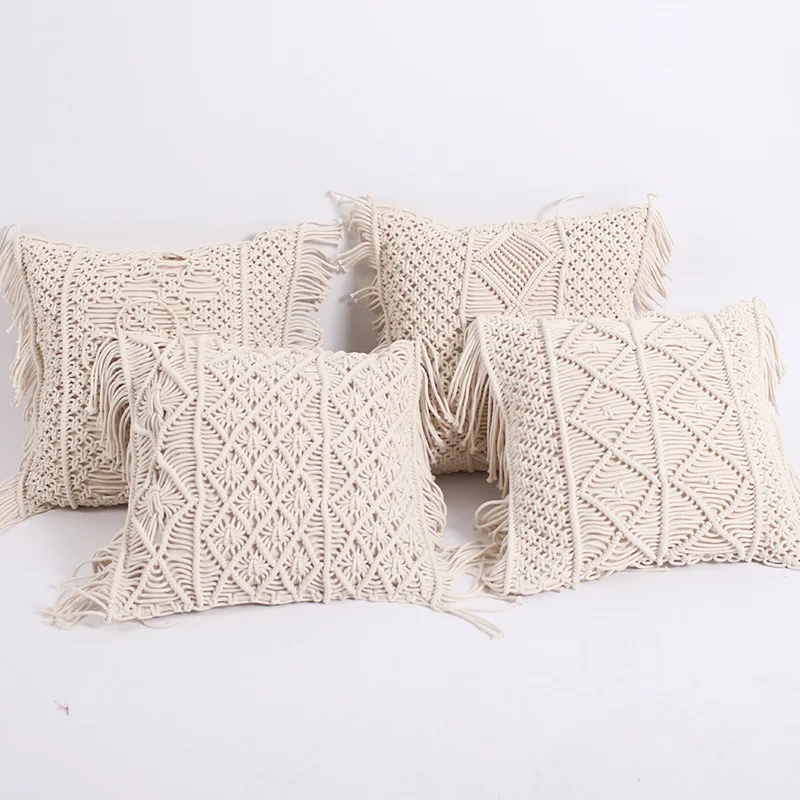 Cushion Cover Cotton Linen Macrame Hand-woven Thread Pillow Covers Geometry Bohemia Style Pillowcase Home Decor 45cm*45cm