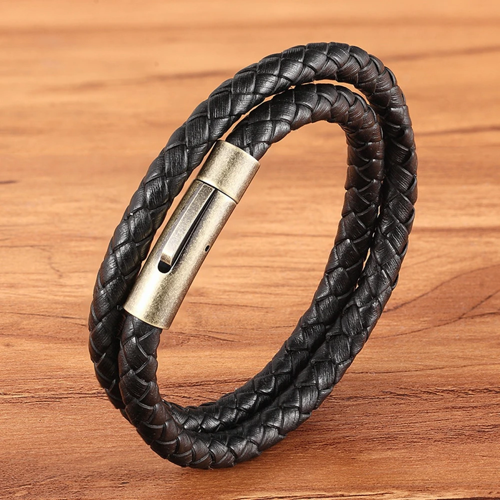 TYO Hot Sale Double Layer Vintage Steel Buckle Leather Bracelet Braided Punk Men Women 19/21/23 CM Choose Fashion Birthday Gift