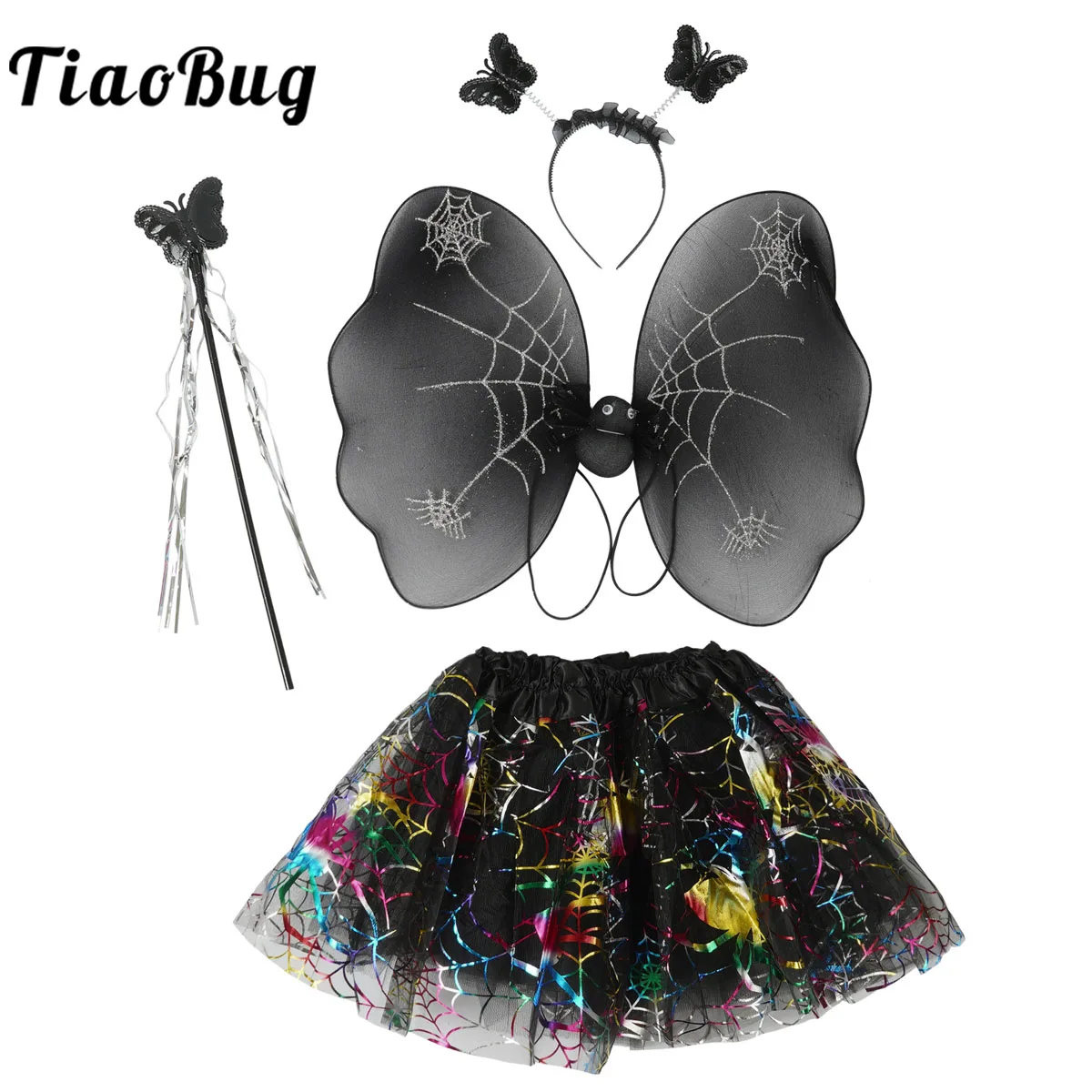 

Black Butterfly Wings Halloween Cosplay Fairy Elf Princess Angel Wings Stage Performance Hair Hoop Magic Wand Tutu Skirt Set