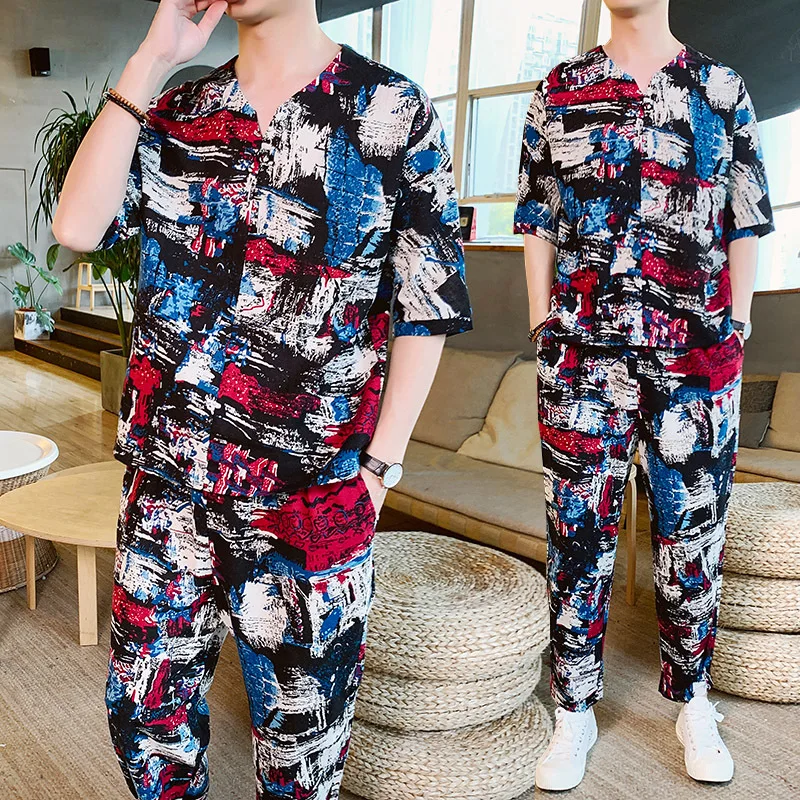 Sweatsuit Chinese Style Men Short Set Heren Kleding Contrast Mens Set 2 Piece Set Moda Hombre Tracksuit Men Set Conjunto Hombre