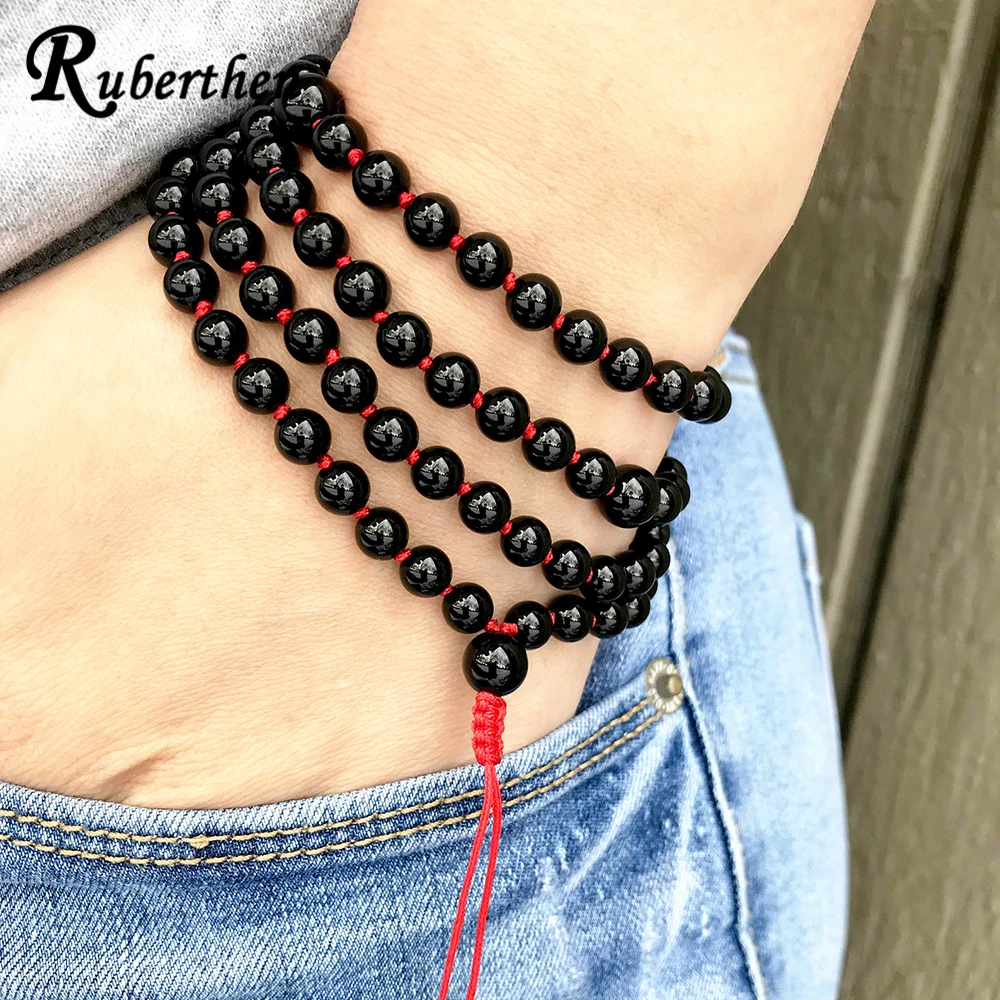 Ruberthen 6 mm Black Tourmaline Women`s Bracelet Adjustable Hand Knotted 108 Mala Beads Yoga Gift for Her Mala Bracelet