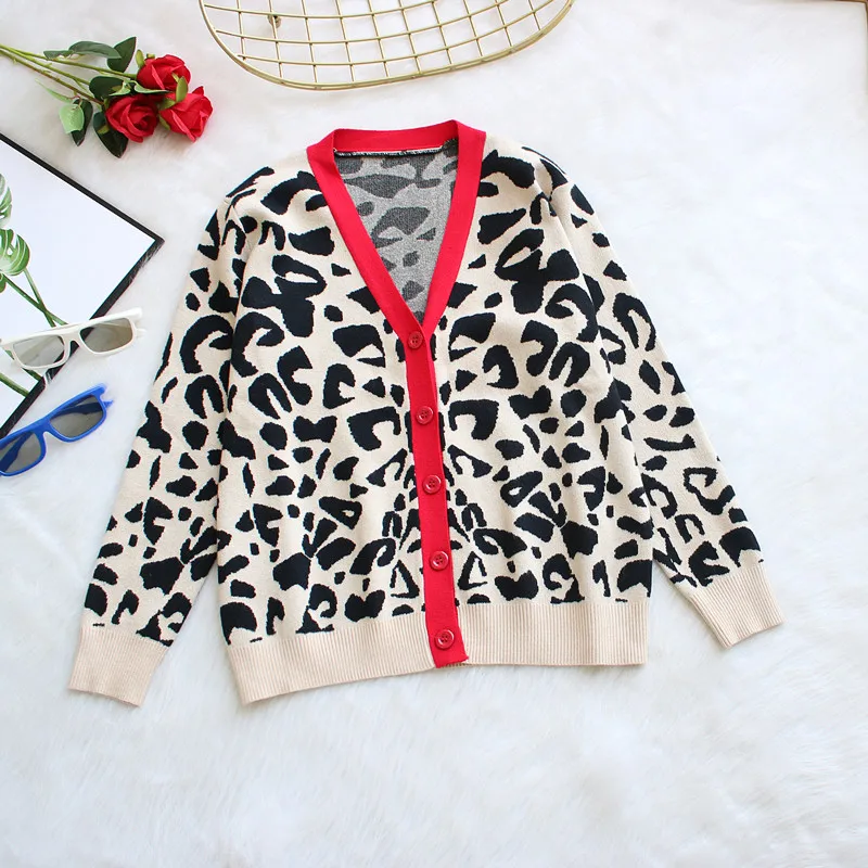 2024 New Autumn And Winter Women\'s Knitted Leopard Print Cardigans Ladies Single-Breasted Sweater Red Jumper Female Clothing