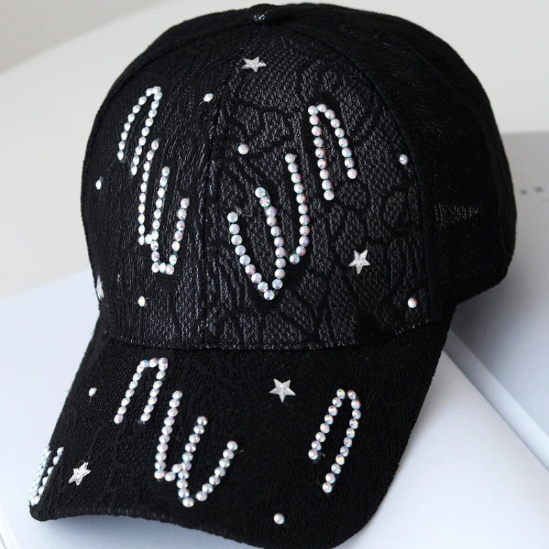 Summer Women\'s Hat Korean Fashion Wild Rhinestone Outdoor Sunscreen Baseball Caps Ladies Lace Thin Breathable Mesh Cap