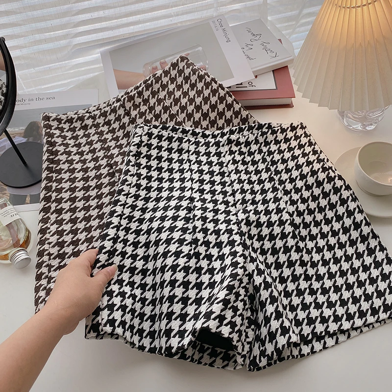 2023 Vintage Zipper Houndstooth Shorts Women Autumn Winter High Waist Wide Leg Shorts Female Shorts Mujer