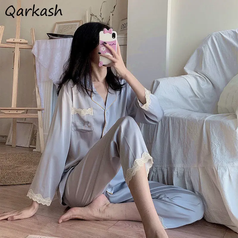 

Pajama Sets Women Long Sleeve Lace Patchwork Elegant Tender Spring Soft Leisure Feminine Loose Homewear Popular 2 Pcs Basic New