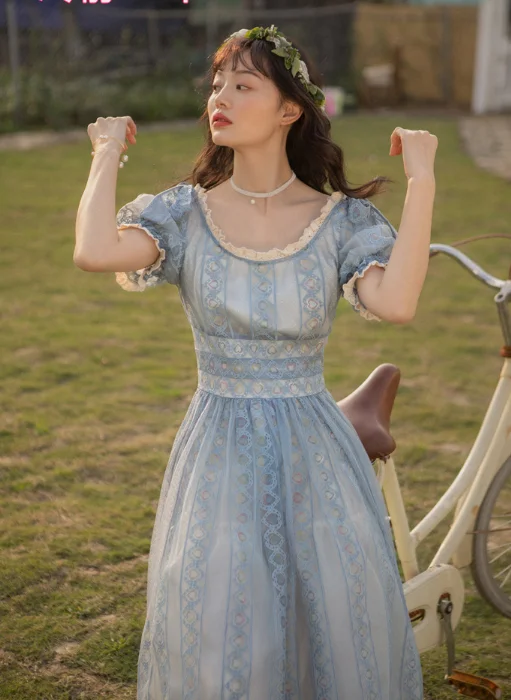 Vestido de verão de renda vintage, quadra francesa, ombros de fora, falbala, cintura alta, vestido vitoriano, kawaii, menina, gótico, lolita op loli, fofo