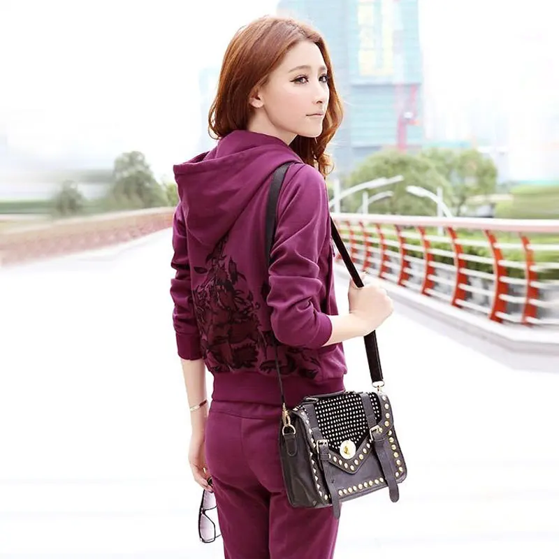 Women Tracksuits Spring Autumn Hooded Printed Jacket+Trousers Two Sets Casual Sportswear Suit  Female Pants Set W1843