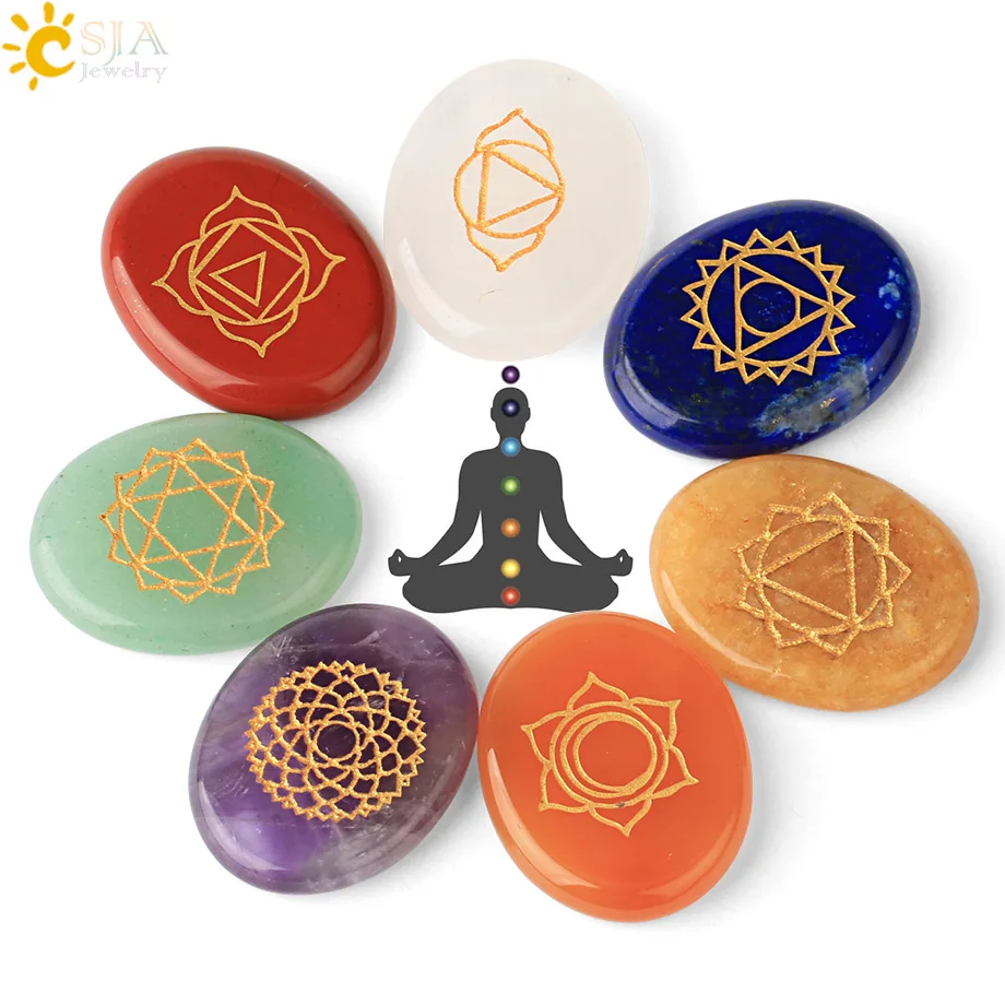 

CSJA Healing 7 Chakra Symbol Engraved Set 100% Natural Gems Stones Crystal Quartz Feng Shui Decor Reiki Spiritual Balancing G765