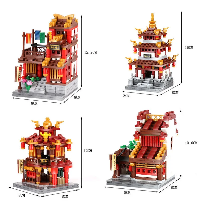 

creative Chinatown city street view moc block Streetscape Chinese teahouse cloth house library Wangjiang building bricks toys