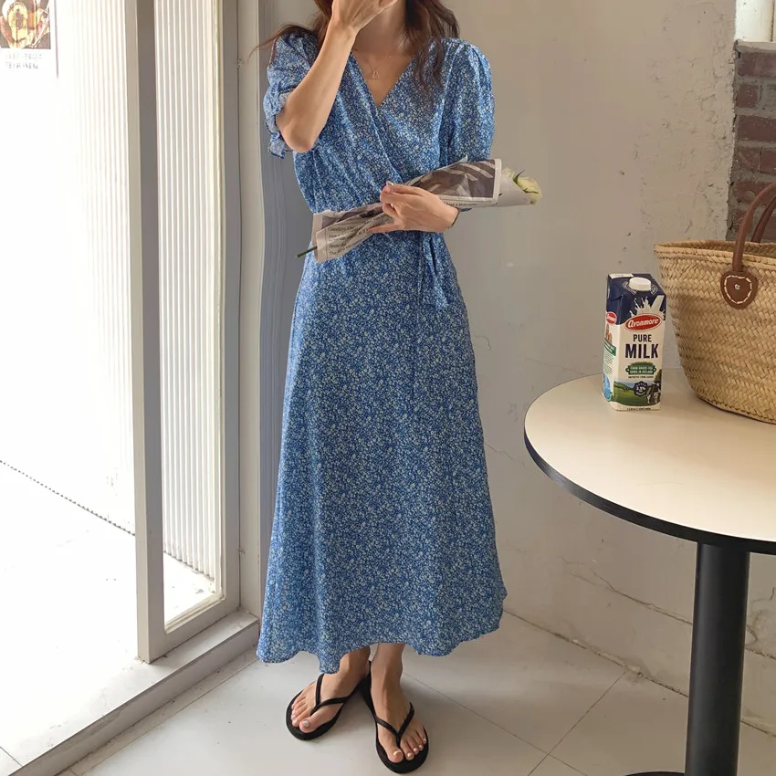 New Female Lace-Up Thin Streetwear All Match New Long Dresses Blue Sexy Prom Casual V-Neck Printed Florals Vestidos