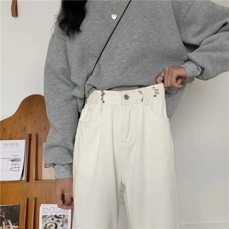 Blanco de primavera de talla grande Pantalones vaqueros de cintura alta Mujer Streetwear pantalones de pierna ancha la moda de las mujeres pantalones de longitud completa sueltos pantalones de mezclilla caliente