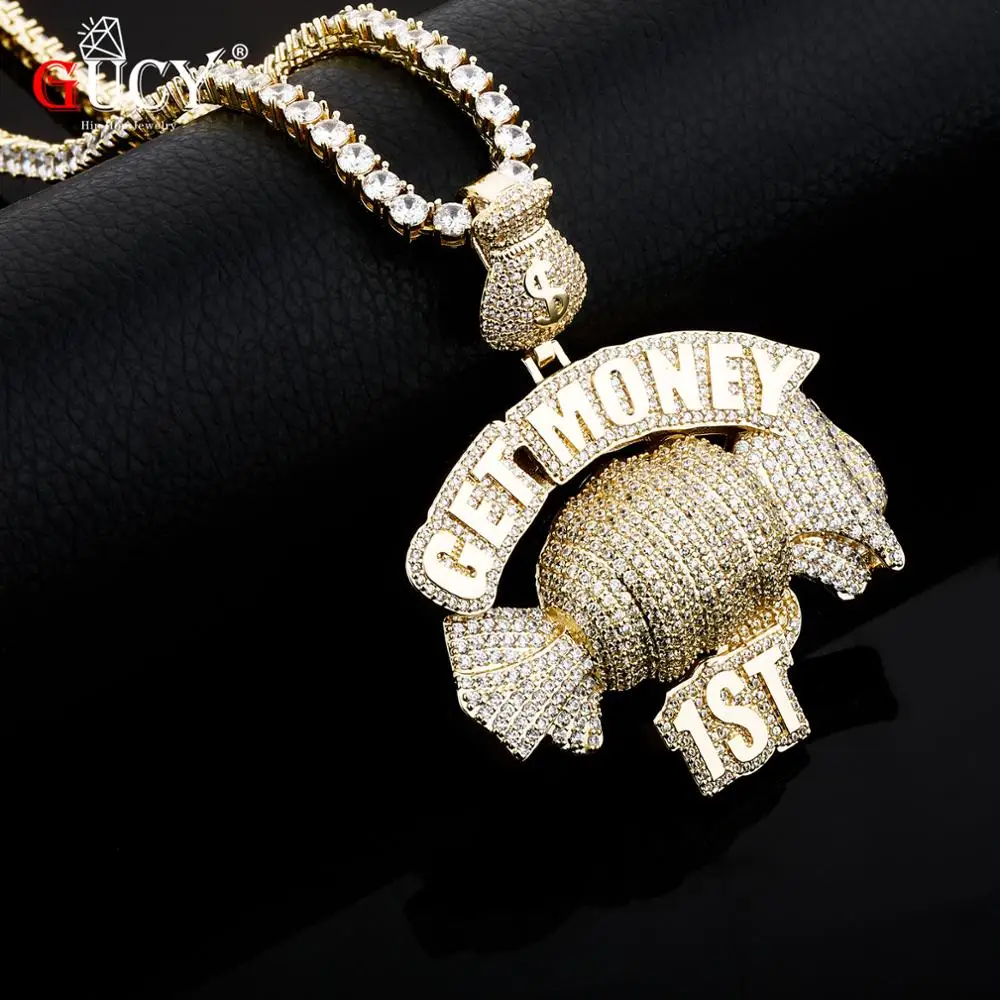 GUCY  Get Money Pendant Necklace Charms Tennis Chain Gold Color Cubic Zircon Men's Hip Hop Jewelry