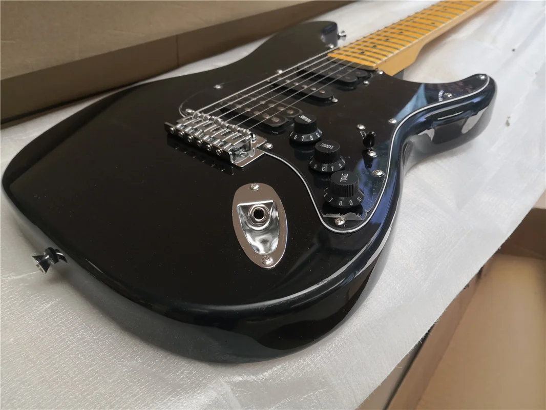 free shipping custom  black guitar,HSH pickups,tremolo bridge,yellow neck ,maple neck,basswood  body,chrome buttons