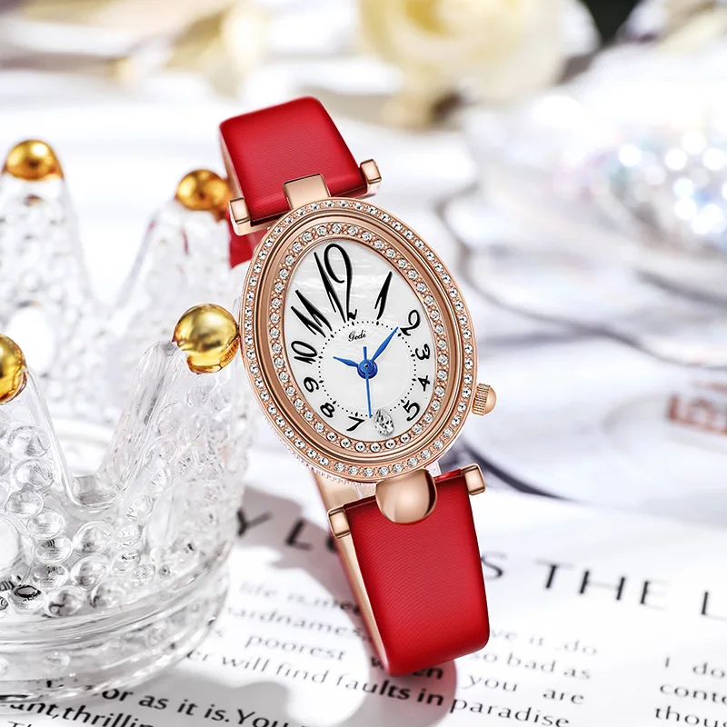 Fashion Rose Gold Dress Watches Women Red Genuine Leather Oval Dial Roman Numeral Stylish Quartz Female Wristwatch Gift Clock