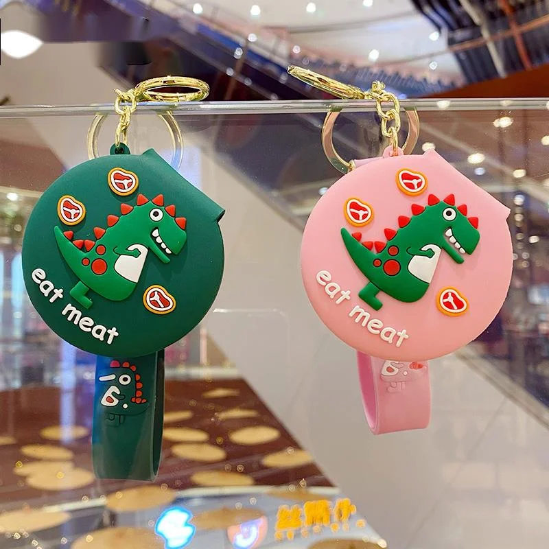 Cartoon PVC Dinosaur Keychain Green Pink Mini Portable Mirror Pendant Cute Bag Car Key Ring Men Women Couple Jewelry Lanyard