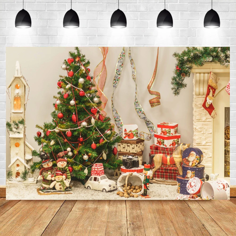 Laeacco Warm คริสต์มาสภาพพื้นหลังคริสต์มาสของขวัญต้นไม้เด็กวันเกิด Portrait ถ่ายภาพฉากหลังสำหรับ Photo Studio