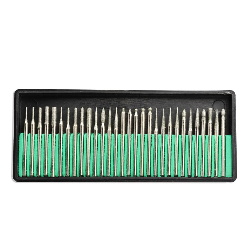 Diamond Grinding Burr Needle 30PCS 3.0mm Shank Point Engraving Carving Polishing Glass Jade Stone Drill Bit Rotary Tool