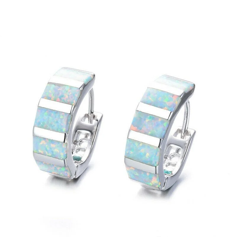 Fashion Silver Filled Blue Simulated Opal Hoop Earrings for Women Wedding