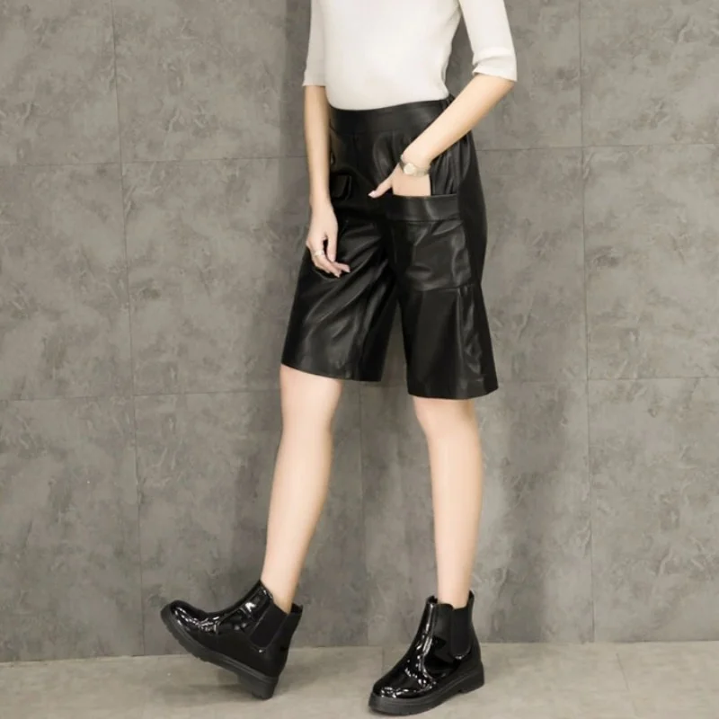 

Sheepskin Women Short Pants 2022 Spring New Korean Loose Fit High Waist Knee Length Real Leather Short Trousers Ladies Casual