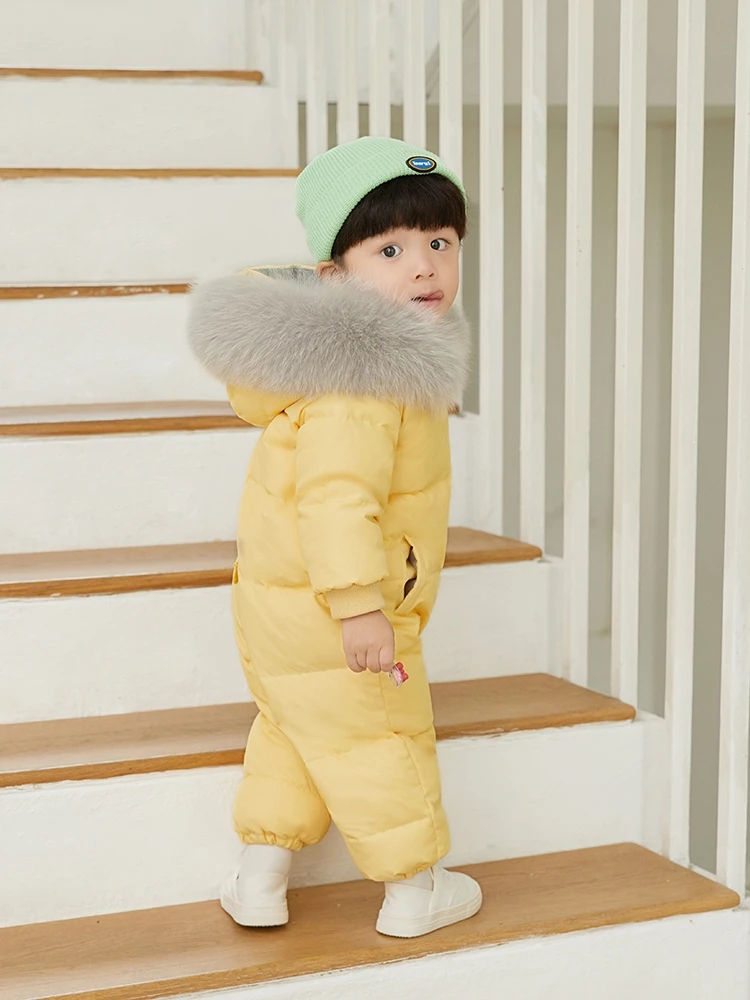 Russian Winter Infant Baby Snowsuit Real Fox Fur Collar Kids Boys Girls Rompers White Duck Down Filling Thick Warm Down Coat