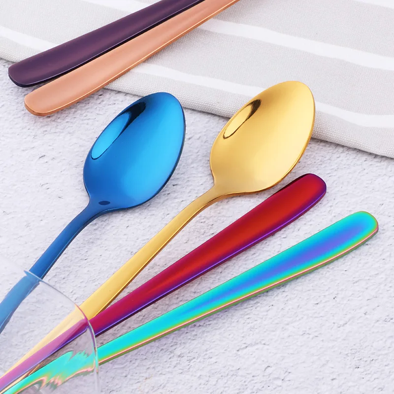 18/10 Stainless Steel Rainbow Ice Spoons With Long Handle Mirror Polished Mixing Stirring Drink Ice Cream Dessert Tea Spoon