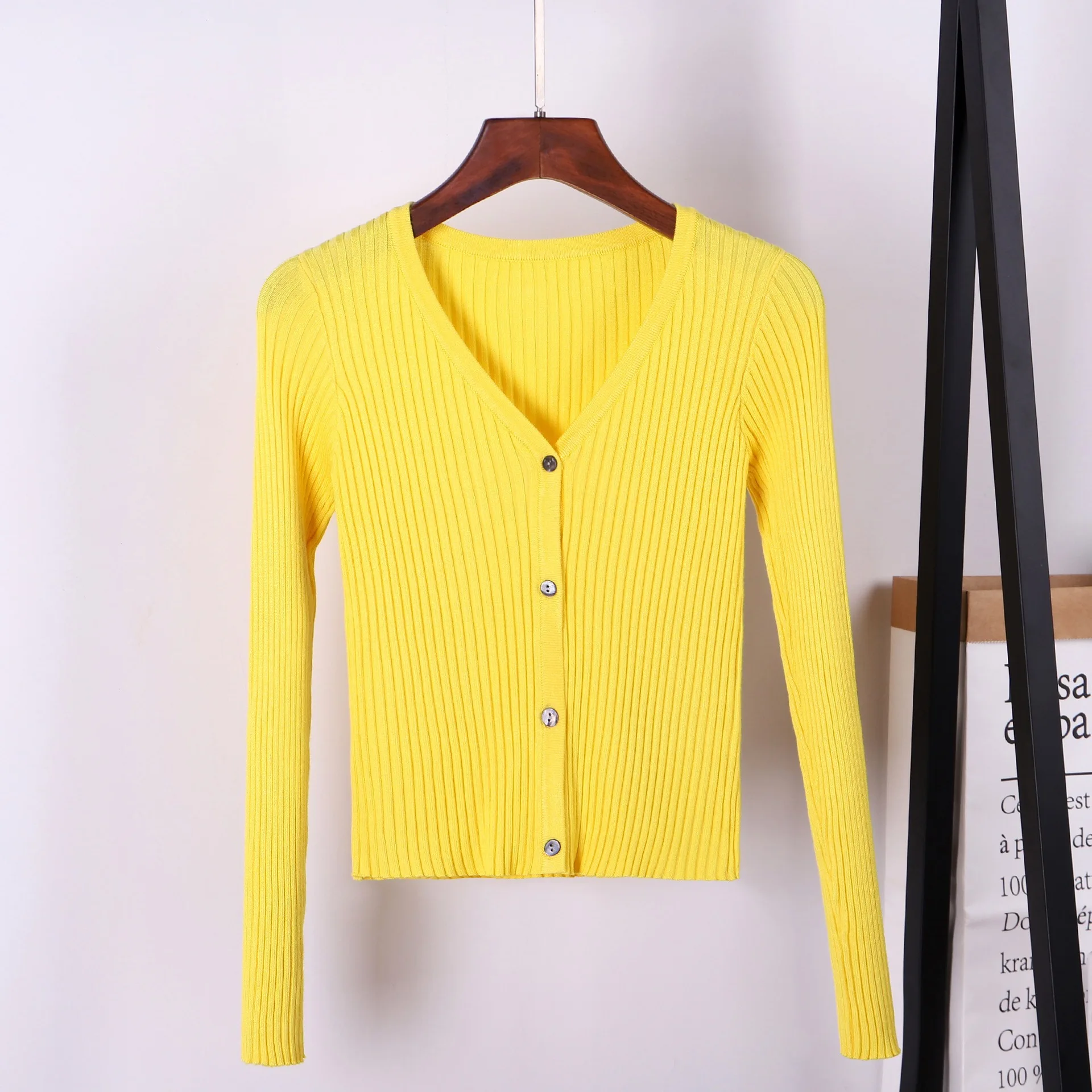 V-neck Thread Short Sweater Women's Long Sleeve Knit Sweater Slim Thin High Waist Jacket Feminine Streetwear