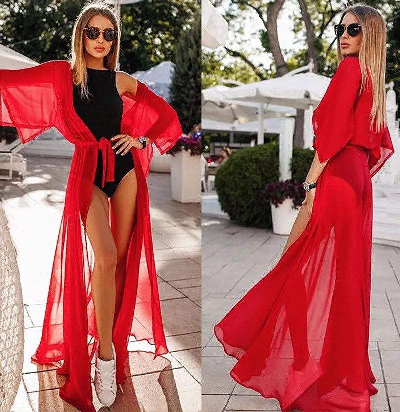 Sommer Frauen Chiffon Kimono Strand Strickjacke Bikini Cover Up Wrap Beachwear Lange Kleid Boho Kleid