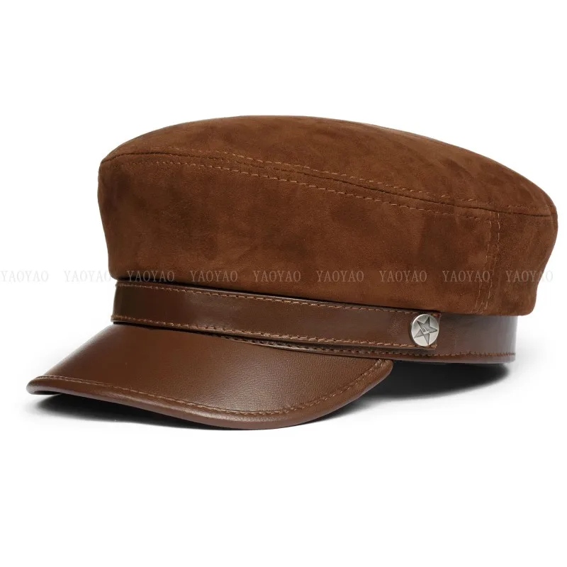 Suede Leather Hats For Men 2023 Korean Fashion Male Flat Top Military Navy Sailing Berets With Belt Chic Student Caps Streetwear