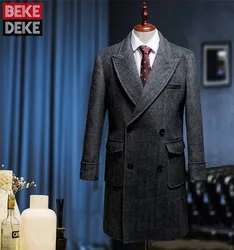 British Style Business Casual Double Breasted Wool Coat Men Slim Dark Gray Striped Overcoat Office Mens Windbreaker Outerwear
