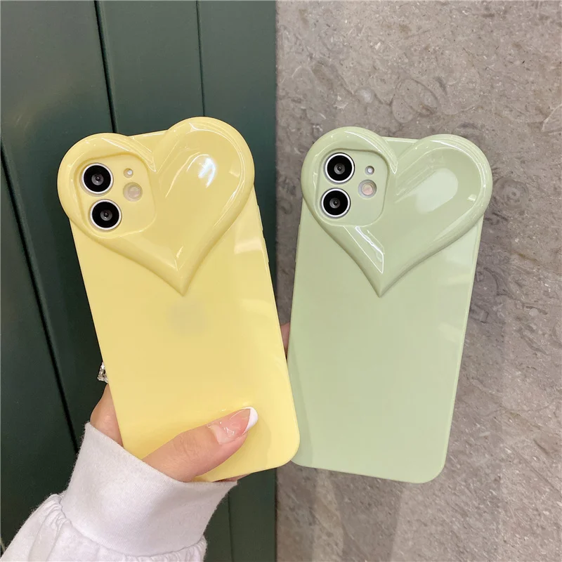 3D Love Heart Cute Phone Case For iPhone 14 11 12 13 15 Pro Max X XR XS 7 8 Plus Candy Color Solid Soft Silicone Tpu Back Cover