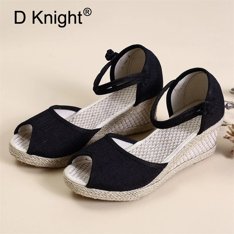 D Knight Women Sandals Summer Shoes Platform Wedges High Heel Ankle Strap Shoes Bohemia Female Espadrille Sandals Pumps Big Size